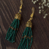 Gold Plated Green Womens Beaded Tassel Pair of Earrings