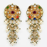 Saadgi Gold Plated Multicolored Kundan, Polki Womens Pair of Drop Earrings (Freesize)