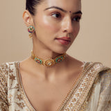 Morpankh Gold Plated Multicolored Womens Kundan, Polki Choker Necklace Set with Pair of Earrings (Freesize)