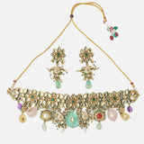 Gold Plated Multicolored Womens Choker Necklace Set with Pair of Earrings