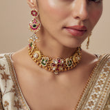 Morpankh Gold Plated Multicolored Womens Kundan, Polki Choker Necklace Set with Pair of Earrings (Freesize)