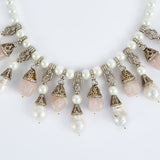 Florence Gold Plated Pink Womens Pearl Short Necklace Set with Pair of Earrings (Freesize)
