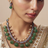 Florence Green Womens Kundan, Polki Short Necklace Set with Pair of Earrings (Freesize)