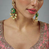 Saadgi Gold Plated Green Kundan, Polki Womens Pair of Drop Earrings (Freesize)
