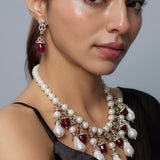 Florence Silver Plated Red Womens Pearl Short Necklace Set with Pair of Earrings (Freesize)