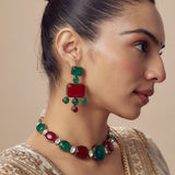 Florence Green & Red Womens Contemporary Choker Necklace Set with Pair of Earrings (Freesize)