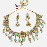 Gold Plated Multicolored Womens Short Necklace Set with Pair of Earrings
