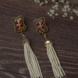 Gold Plated Red Womens Pair of Tassel Earrings