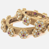 Gold Plated Red Colored Temple Womens Pair of Bangles