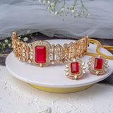 Florence Gold Plated Red Womens Kundan, Polki Choker Necklace Set with Pair of Earrings (Freesize)