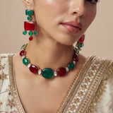 Florence Green & Red Womens Contemporary Choker Necklace Set with Pair of Earrings (Freesize)