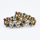 Burgundy Gold Plated Blue Womens Kundan, Polki Pair of Bangles