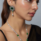 Zia Silver Plated Green Womens Zircon Long Necklace Set with Pair of Earrings (Freesize)
