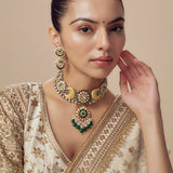 Morpankh Gold Plated Green Womens Kundan, Polki Short Necklace Set with Pair of Earrings (Freesize)