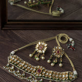 Gold Plated Red Womens Short Necklace Set with Pair of Earrings