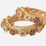Gold Plated Red Colored Synthetic Stone Womens Pair of Bangles