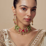 Morpankh Gold Plated Multicolored Womens Kundan, Polki Choker Necklace Set with Pair of Earrings (Freesize)