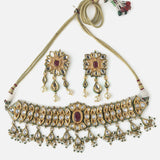 Gold Plated Red Womens Short Necklace Set with Pair of Earrings