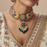 Morpankh Gold Plated Green Womens Kundan, Polki Short Necklace Set with Pair of Earrings (Freesize)