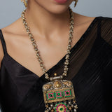 Morpankh Silver Plated Multicolored Womens Kundan, Polki Long Necklace Set with Pair of Earrings (Freesize)