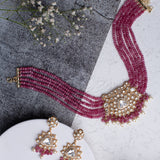 Antara Gold Plated Pink Womens Kundan, Polki Choker Necklace Set with Pair of Earrings (Freesize)