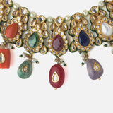 Gold Plated Multicolored Womens Short Necklace Set with Pair of Earrings