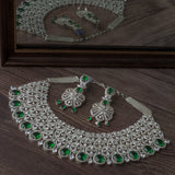 Silver Plated Green Womens Choker Necklace Set with Pair of Earrings