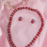 Silver Plated Red Womens Short Necklace Set with Pair of Earrings