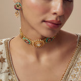 Morpankh Gold Plated Multicolored Womens Kundan, Polki Choker Necklace Set with Pair of Earrings (Freesize)