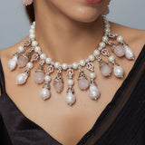 Florence Gold Plated Pink Womens Pearl Short Necklace Set with Pair of Earrings (Freesize)