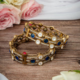 Burgundy Gold Plated Blue Womens Kundan, Polki Pair of Bangles