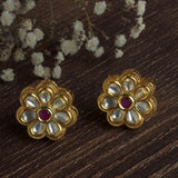 Gold Plated Red Womens Kundan & Polki Stud Pair of Earrings