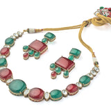 Florence Green & Red Womens Contemporary Choker Necklace Set with Pair of Earrings (Freesize)