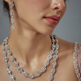 Zia Silver Plated Zircon Womens Long Necklace Set with Pair of Earrings (Freesize)