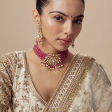 Antara Gold Plated Pink Womens Kundan, Polki Choker Necklace Set with Pair of Earrings (Freesize)