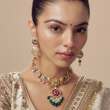Morpankh Gold Plated Multicolored Womens Kundan, Polki Short Necklace Set with Pair of Earrings (Freesize)