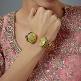 Florence Gold Plated Green Kundan, Polki Womens Kadas (Freesize)