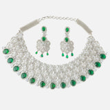 Silver Plated Green Womens Choker Necklace Set with Pair of Earrings